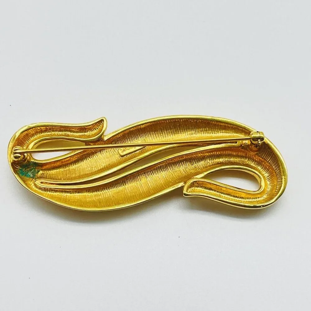 Signed MONET Brooch Gold Tone Abstract Swirl Vintage Designer Costume Jewelry